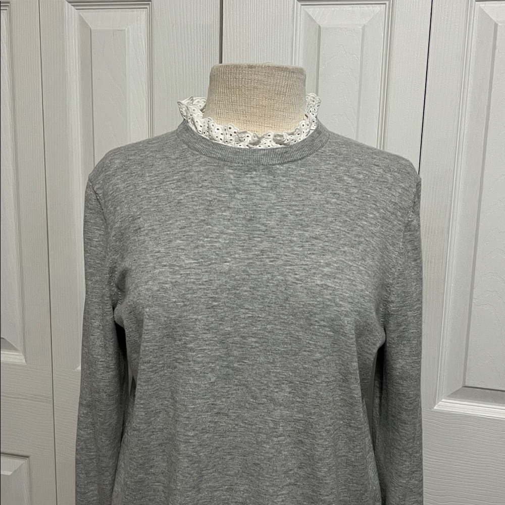 Ted Baker Heather Gray Layered Knit Pullover with White Floral Lace Trim Size 4
